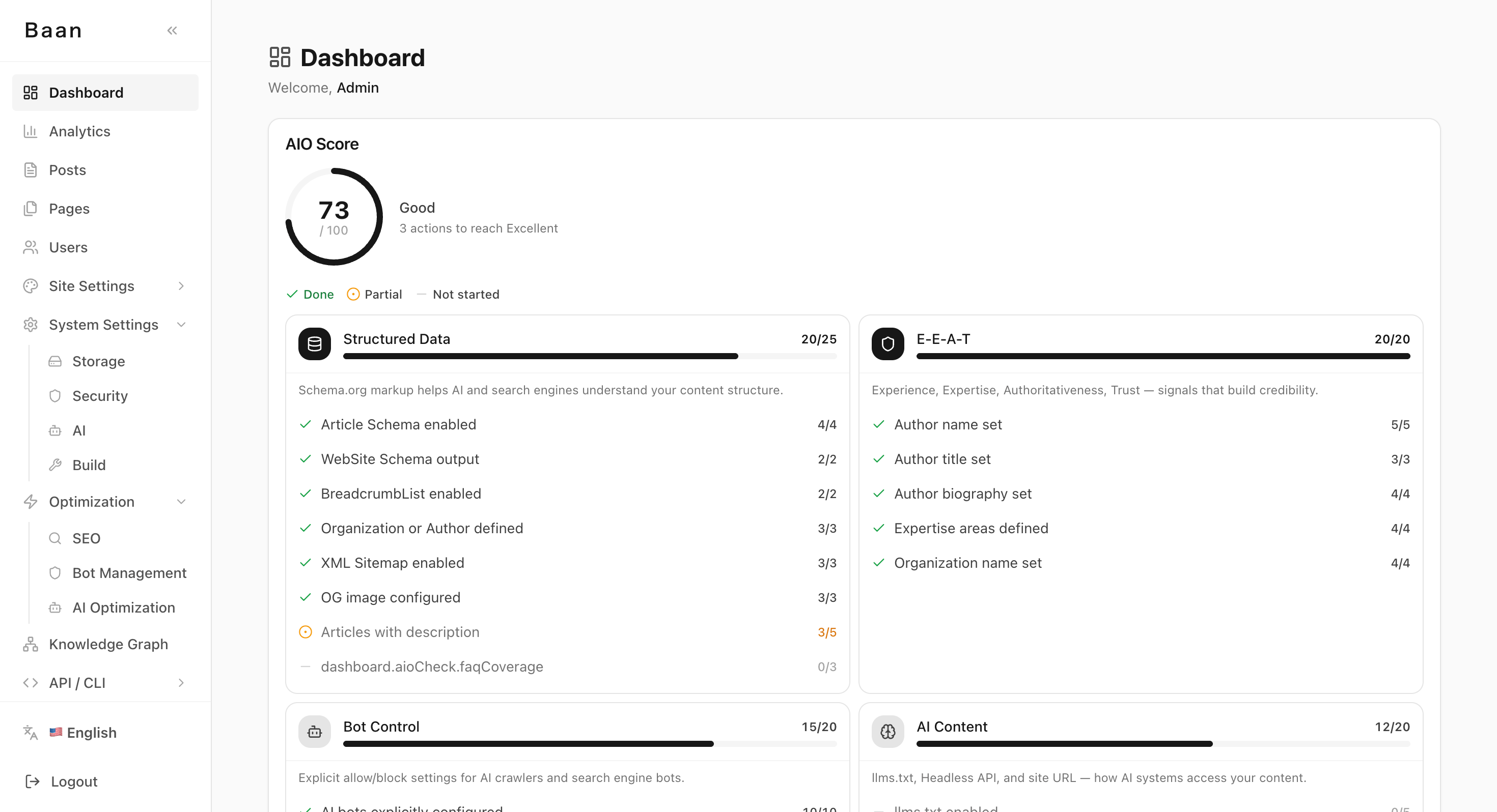 Baan Dashboard — AIO Score, E-E-A-T, structured data status