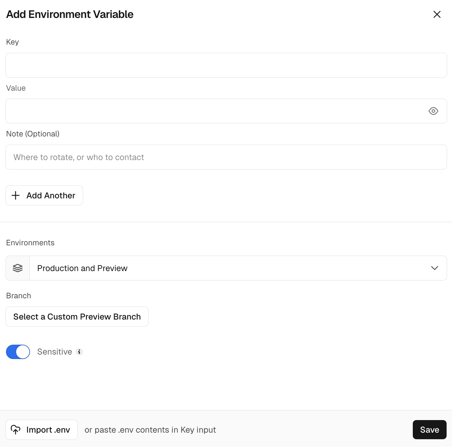 Vercel — Add Environment Variable dialog with Key, Value, Environments selector, and Sensitive toggle