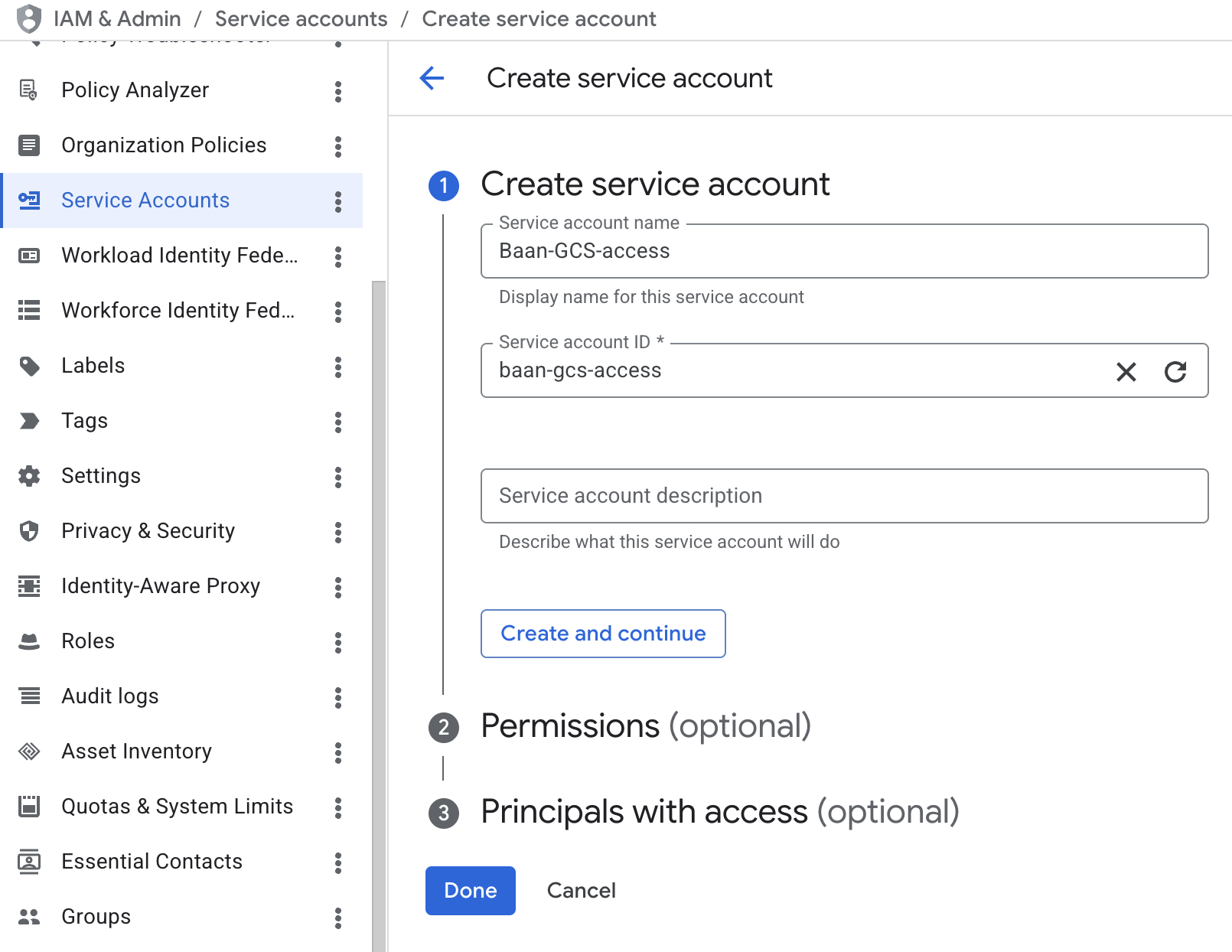 Create service account — name and ID
