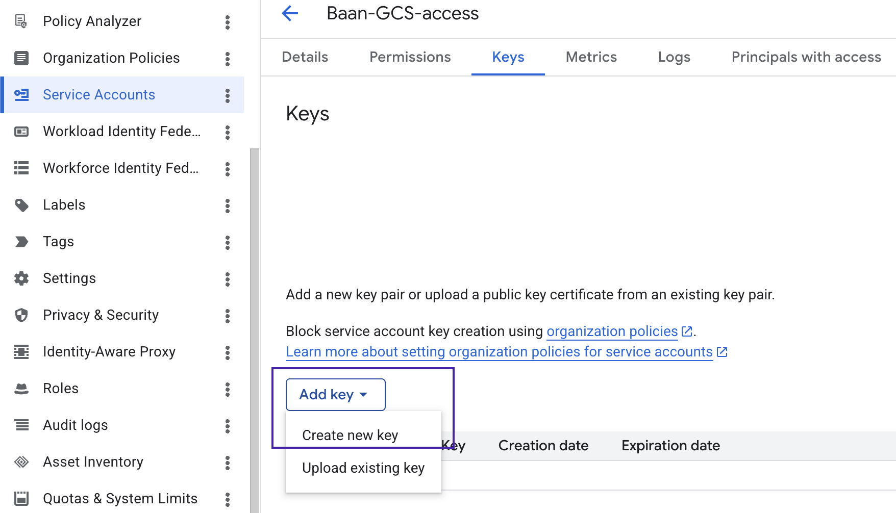 Add key — Create new key