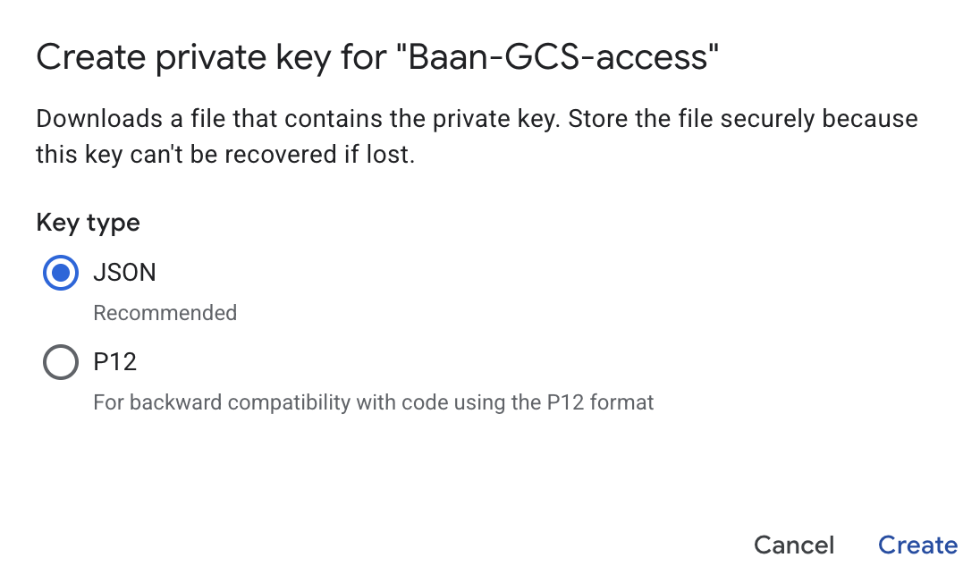 Create private key — select JSON