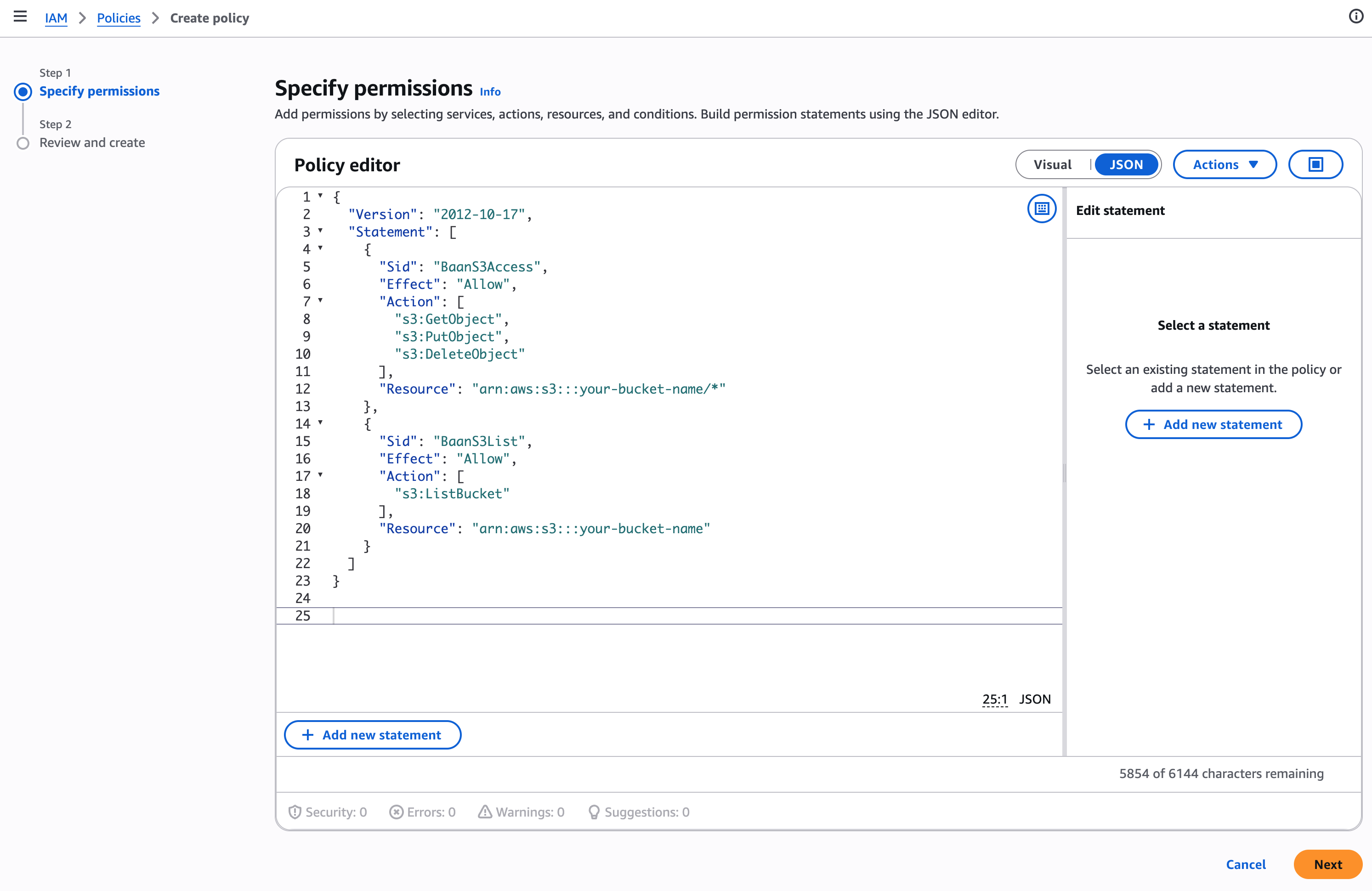 IAM Create policy — JSON editor with Baan policy