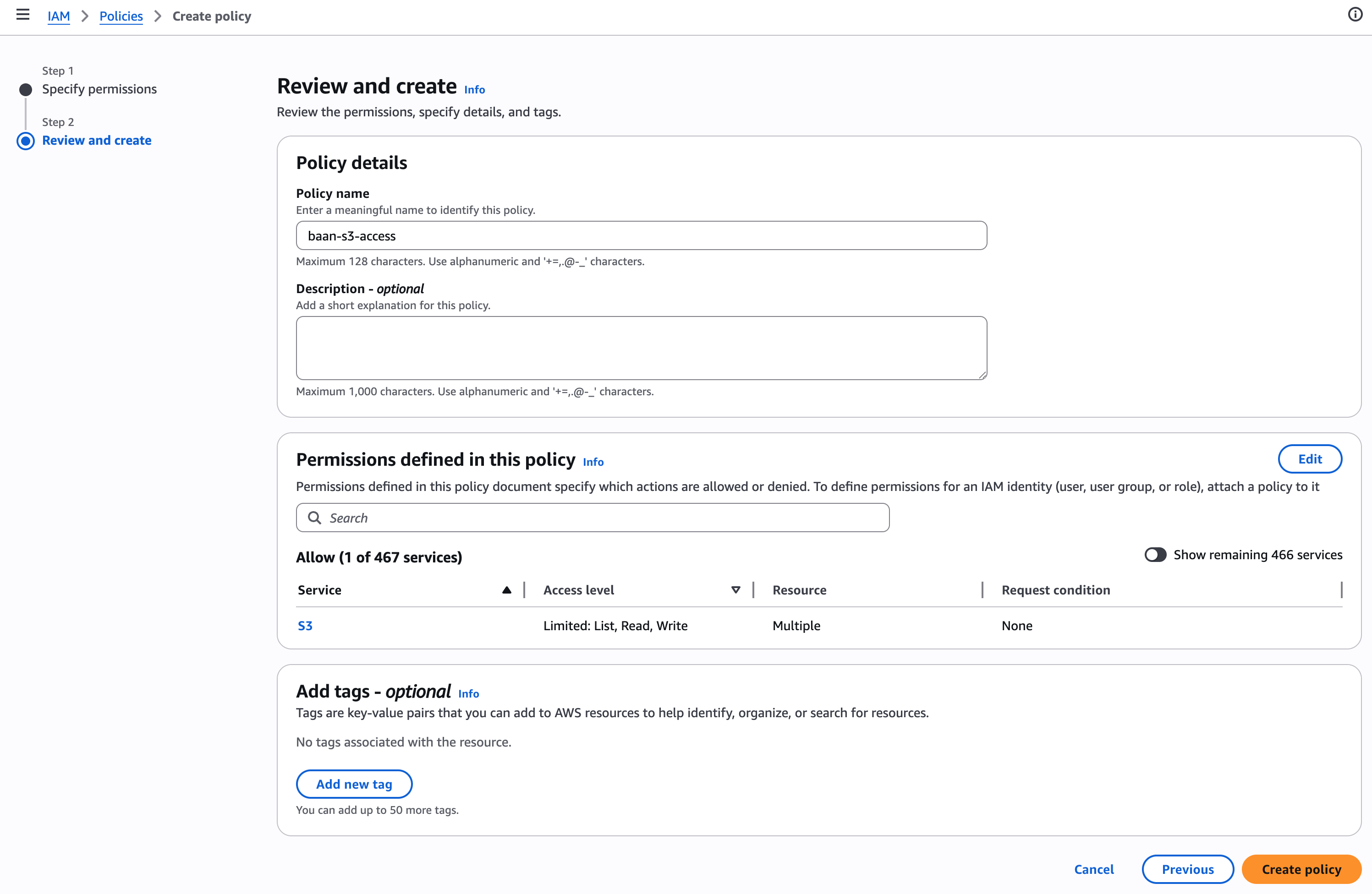 Review and create — policy name