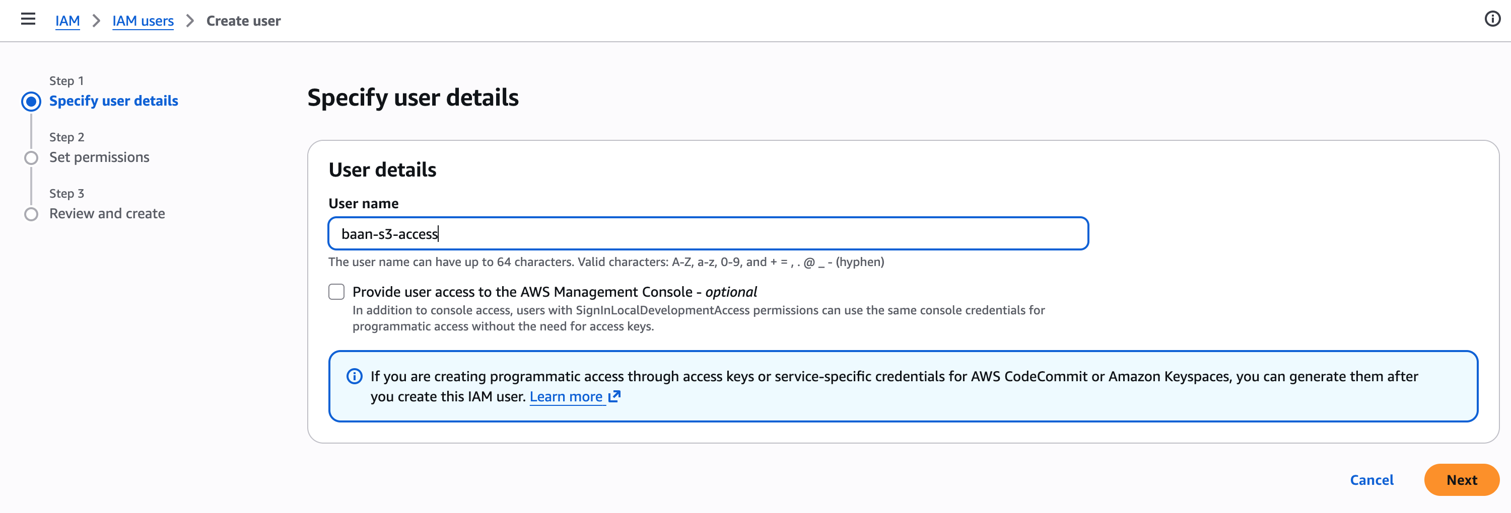 Create user — Specify user details