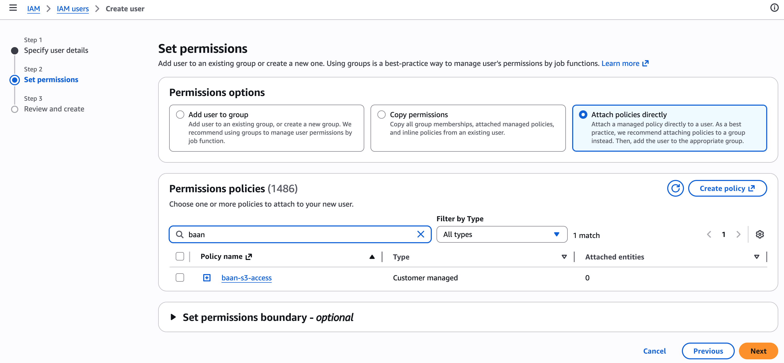 Attach policies directly — search and select