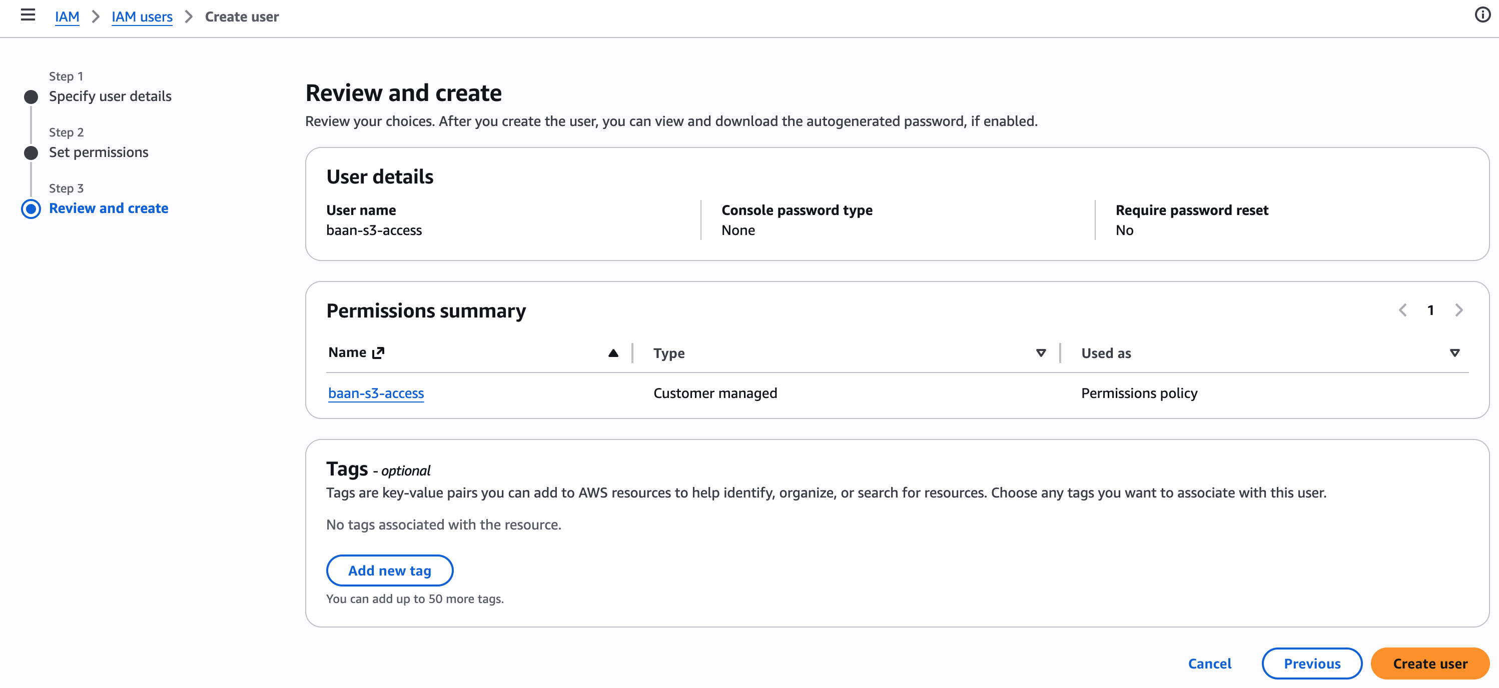 Review and create — user with attached policy