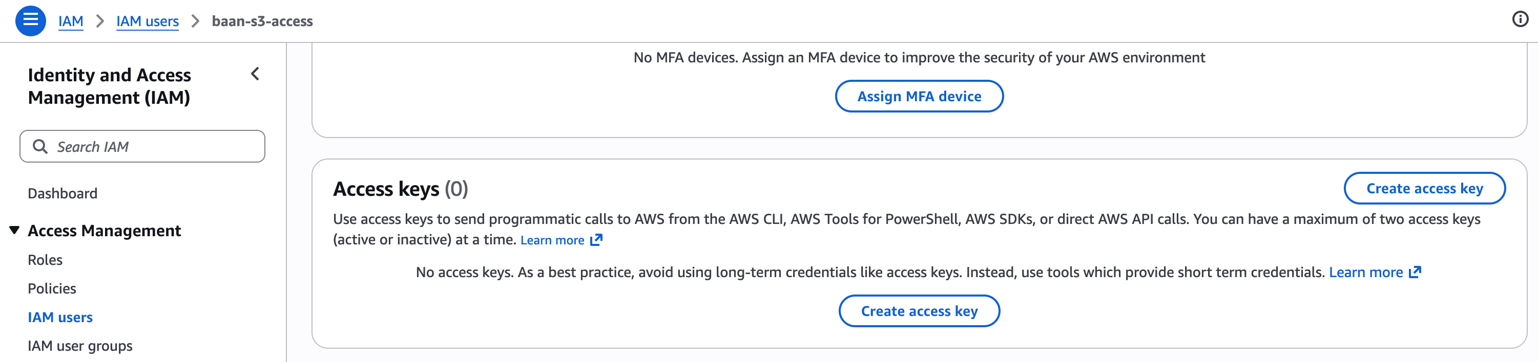Access keys section — Create access key