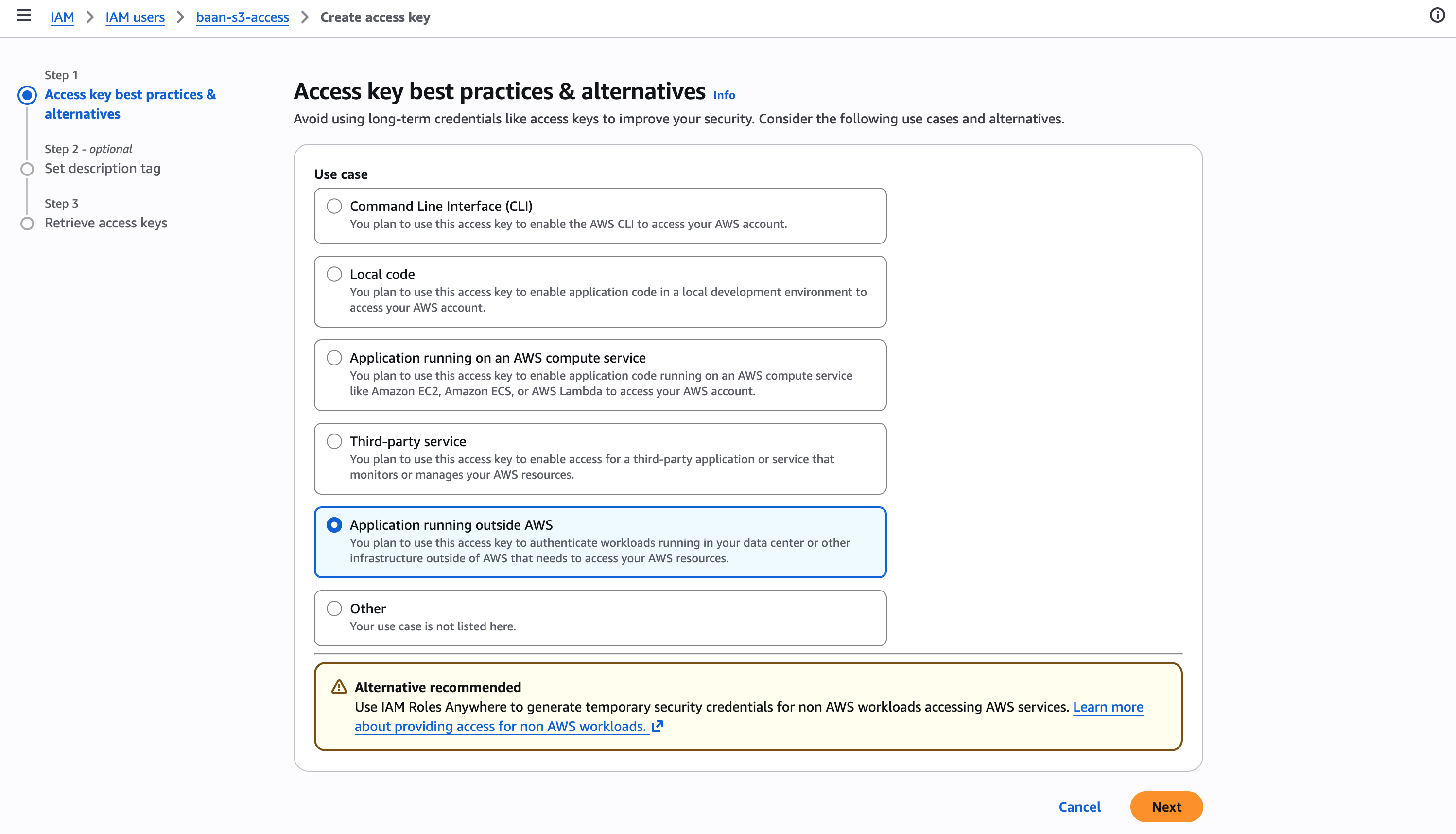 Access key best practices — Application running outside AWS