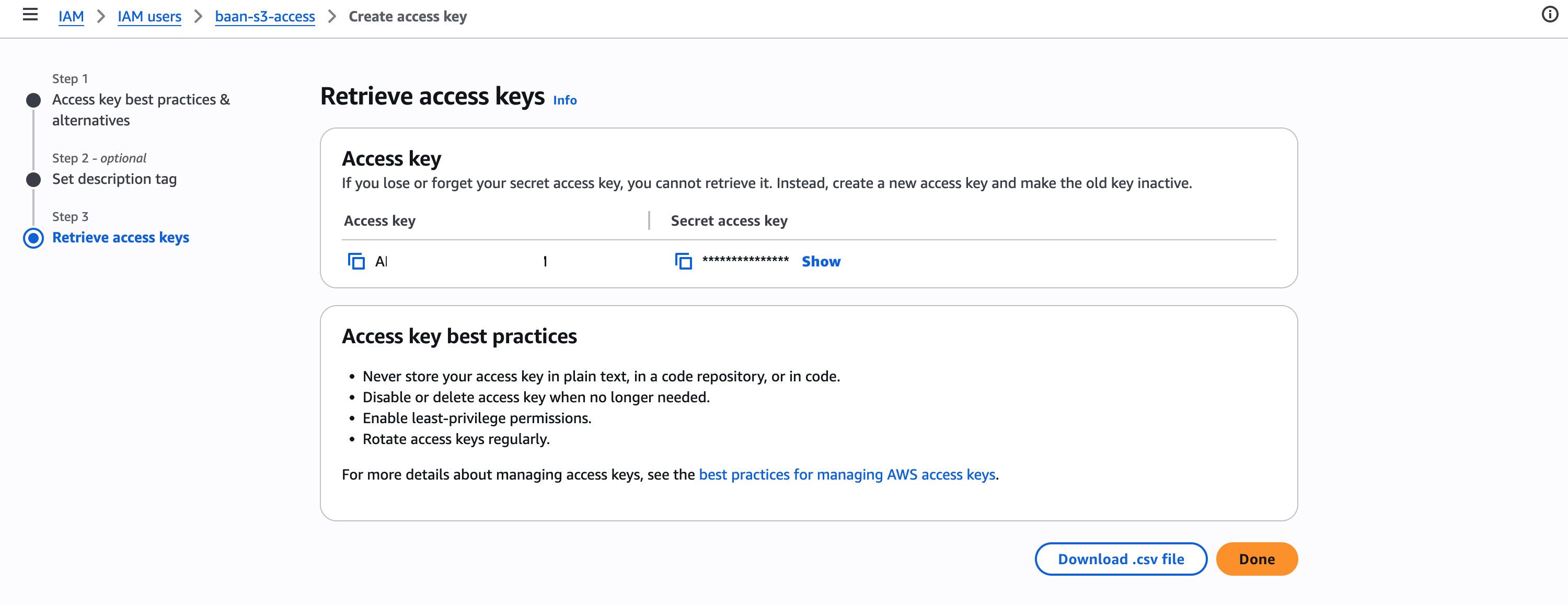 Retrieve access keys — final screen